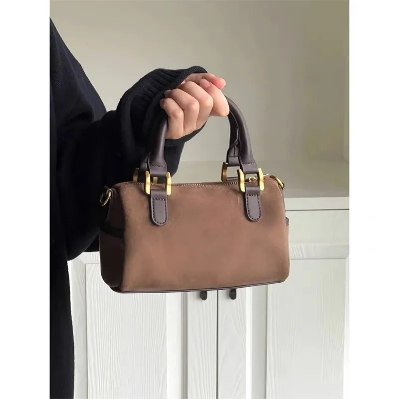 Korean Vintage Ladies Top Handle Bags Autumn Winter Brown Boston Crossbody Bags Simple Leather Shoulder Bags Women\'s Handbags