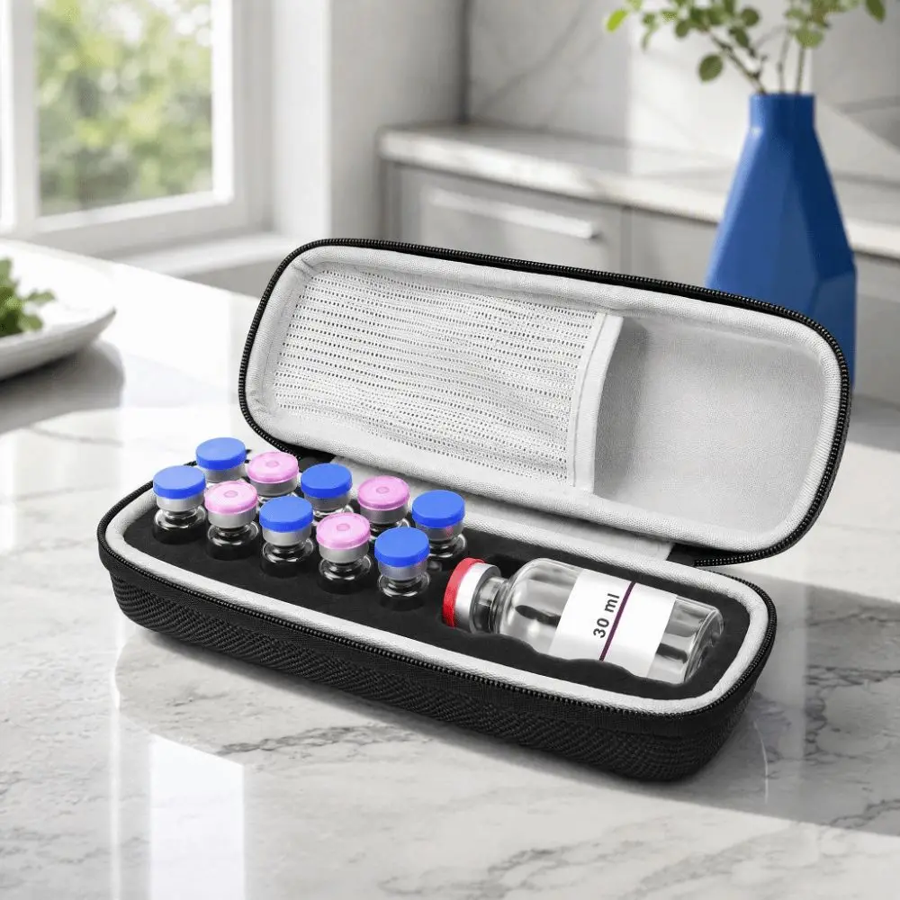 Portable Insulin Vial Storage Box Reusable Precut Foam Slot Insulin Vial Carrying Case Mesh Pocket Peptide Storage Organizer