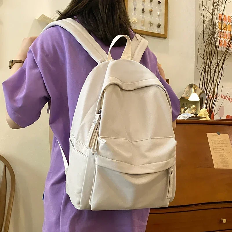 Simple Solid Color Backpack Women 2023 Waterproof Nylon School Bags for Teenager Girls Bookbag Lady Travel Backbag Shoulder Bag