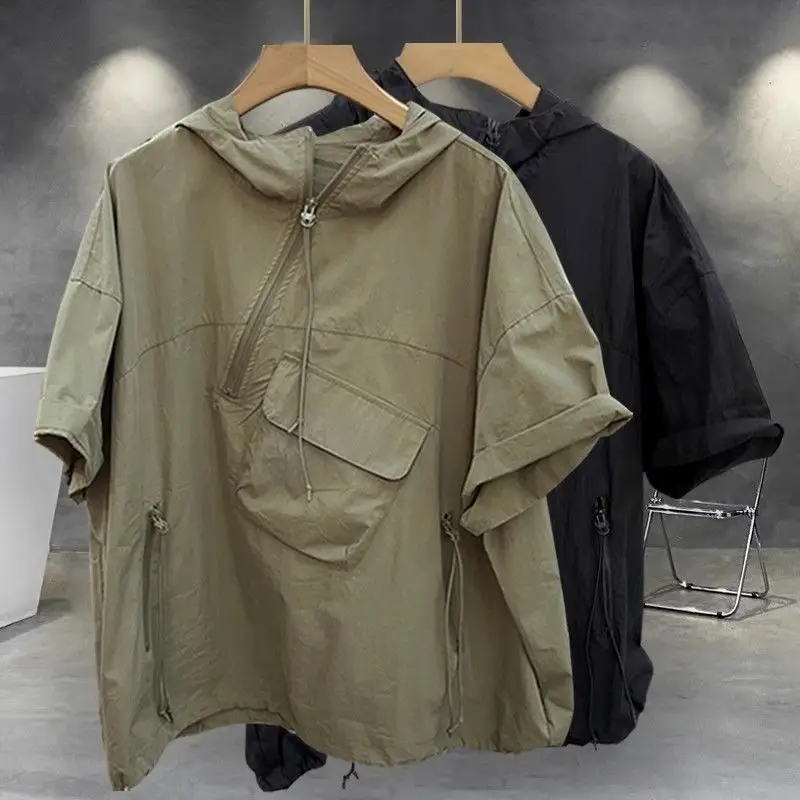 

Zip Up Hoodie Men Short Sleeve T-shirt Y2k Streetwear Hip Hop Pocket Sweatshirt Cargo Shirts Tops Casual Loose Men's Clothing