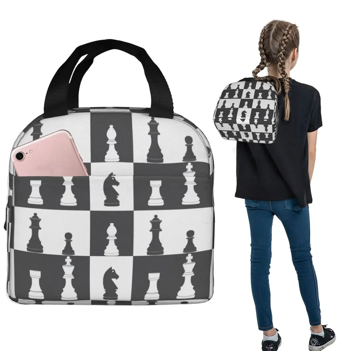 

Chess Pieces On Board Insulated Lunch Bag for Women Kids Portable Food Boxes Thermal Lunch Box Tote