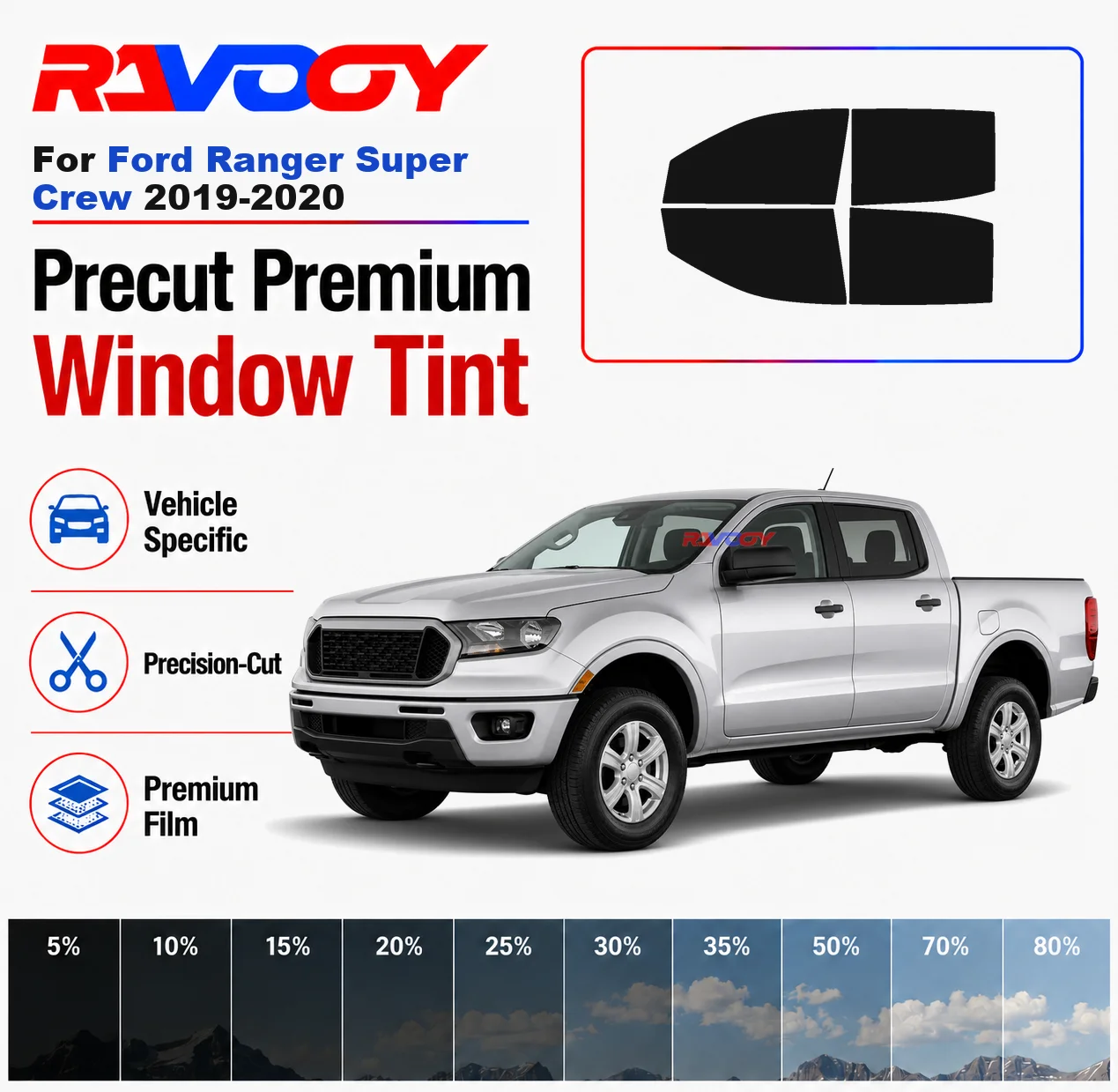 Kit de tinte para ventanas precortado de primera calidad, ventanas delanteras, ventanas traseras, parabrisas trasero para Ford Ranger Super Crew 2019-2020, película de cerámica nano