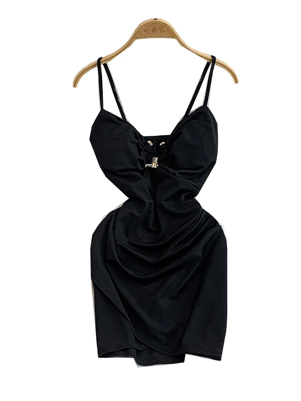 Vestido E e Sexy com Decote em V e Alças, Novo Estilo F com Almofada para o Peito, Ajuste Slim Fit Bodycon