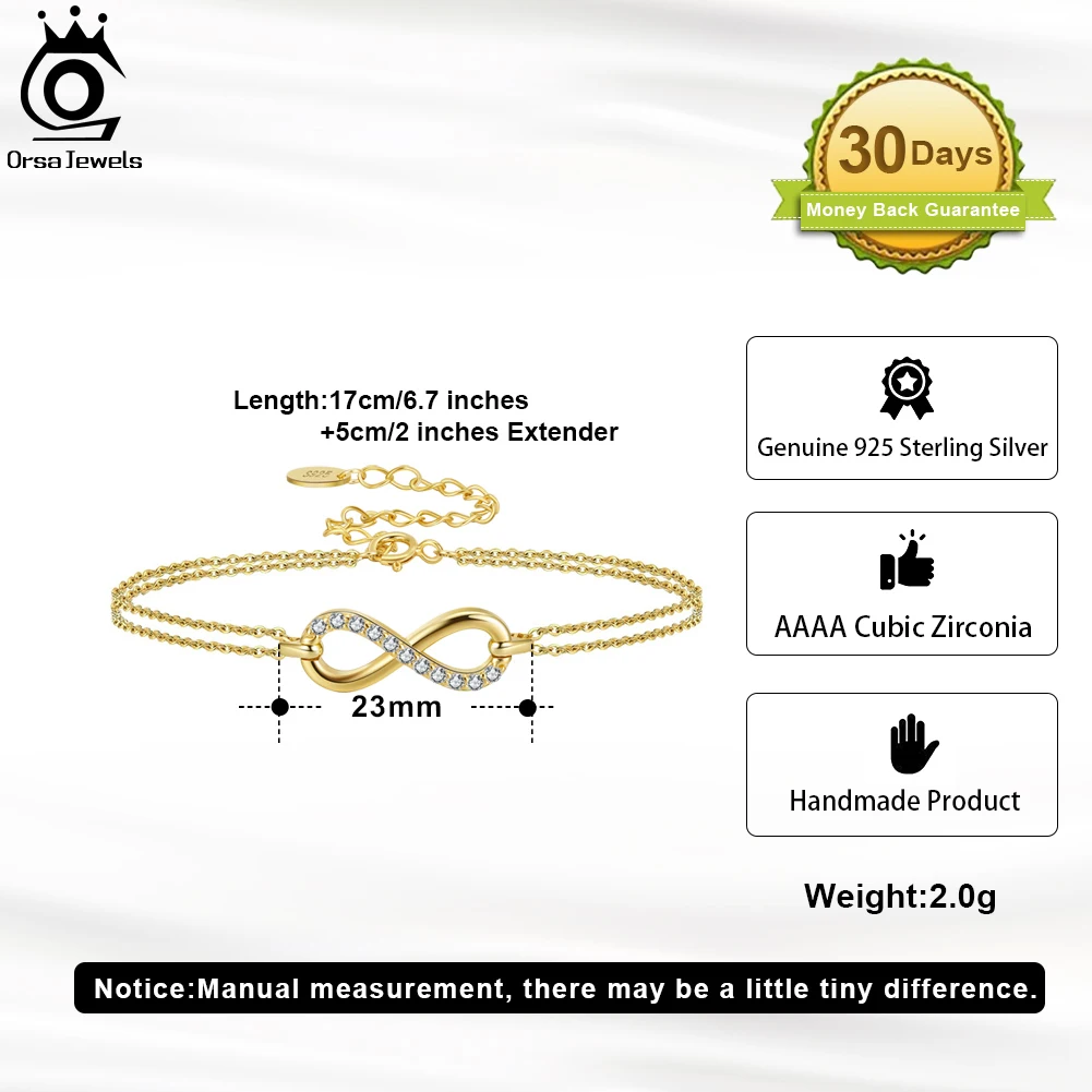 ORSA JEWELS Infinity Adjustable Chain Bracelet For Women Girls 925 Silver Dainty Hand Bracelet Bangles Fashion Jewelry SB136