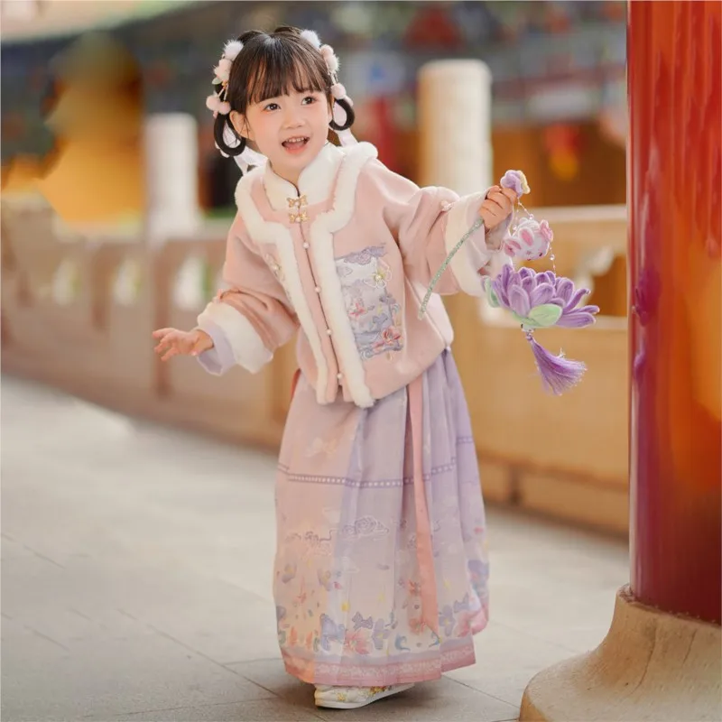 

2026 Новый зимний толстый древний детский комплект ханьфу в китайском Новом году, детский костюм Тан, комплект с юбкой с конским лицом LI817