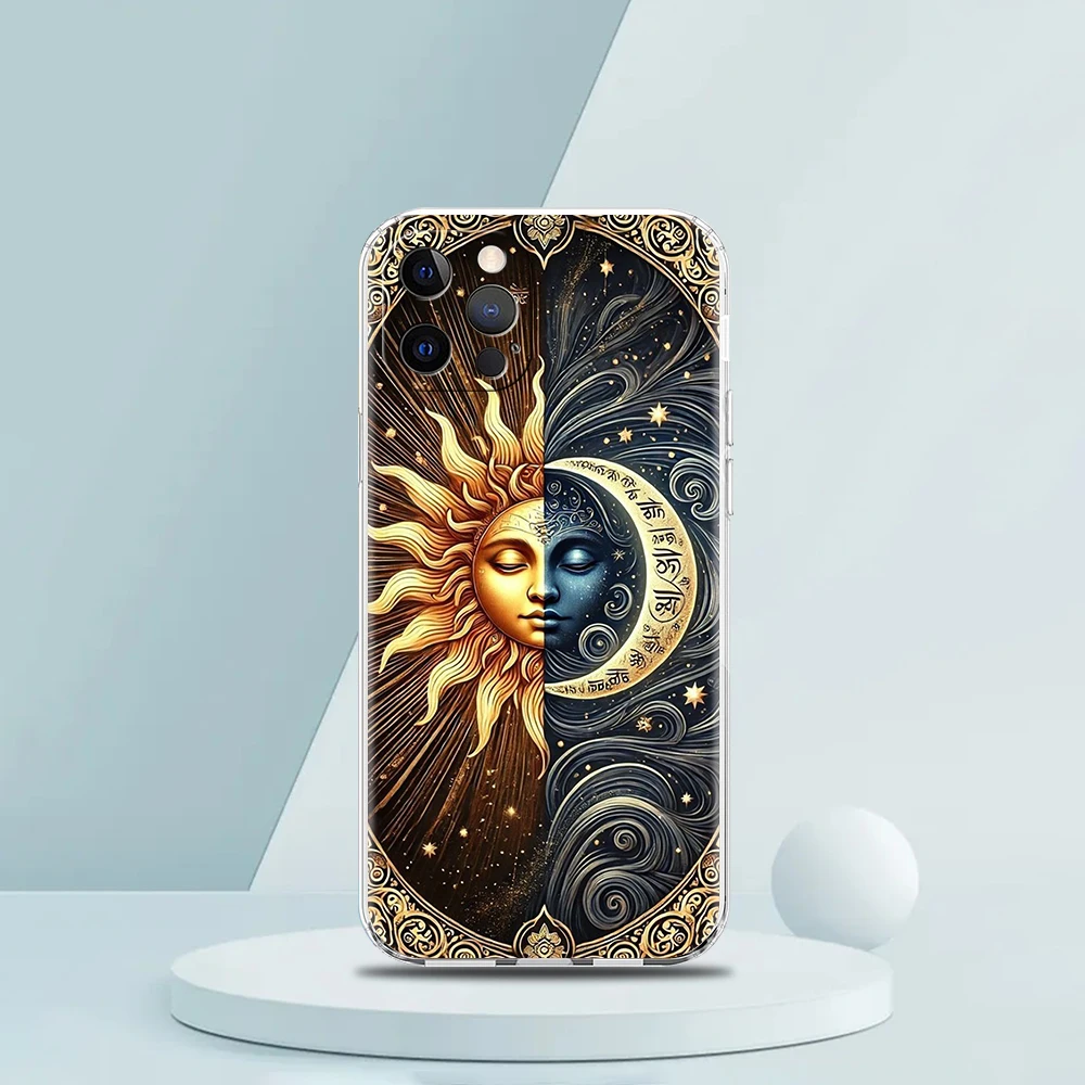 Coque de téléphone transparente en TPU souple, étui antichoc pour iPhone 16 15 14 13 12 11 Pro Max XR 8 7 Plus, motif soleil, lune, étoiles