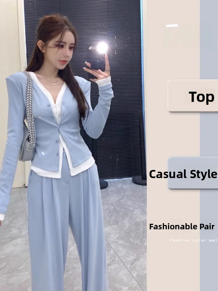 

Женский весенний новый повседневный комплект из двух предметов: костюм с V-образным вырезом, однобортной застежкой, прямыми широкими брюками и длинными рукавами – модный дизайн