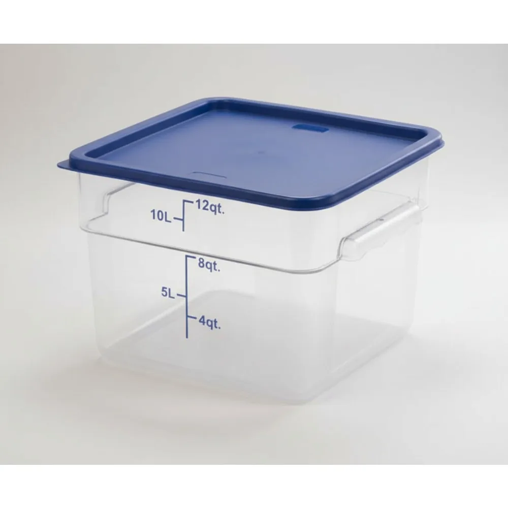 

12 Quart Square Food Storage Container with Blue Lid, Clear Polycarbonate, Reusable for Kitchen Organization