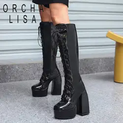 ORCHA LISA stivali al ginocchio da donna 38cm punta tonda tacchi alti grossi 14.5cm pizzo con cerniera taglia grande 46 47 48 pelle verniciata