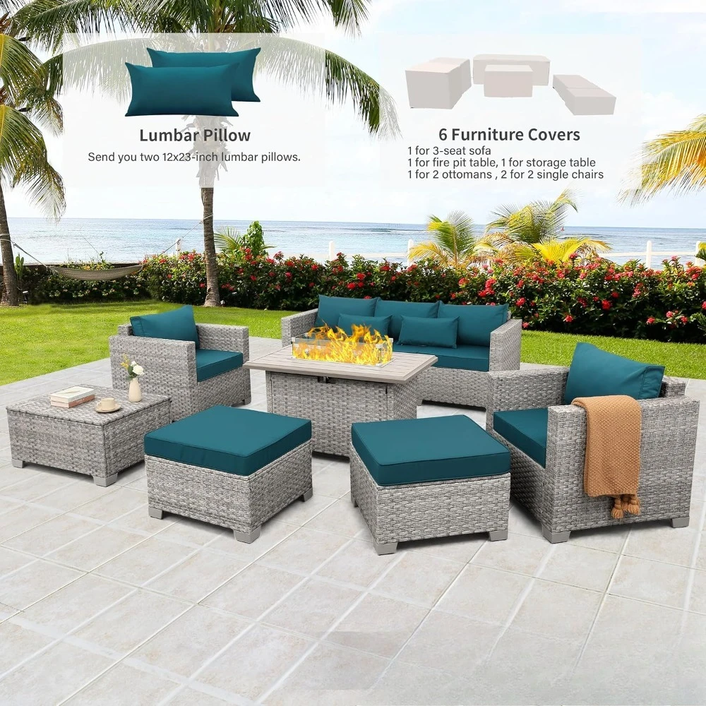 Factory Direct 2026 Outdoor Patio Furniture Sets 6 PE Rattan Wicker Sectional Sofa Couch with Fire Pit Table and Grey Cushions
