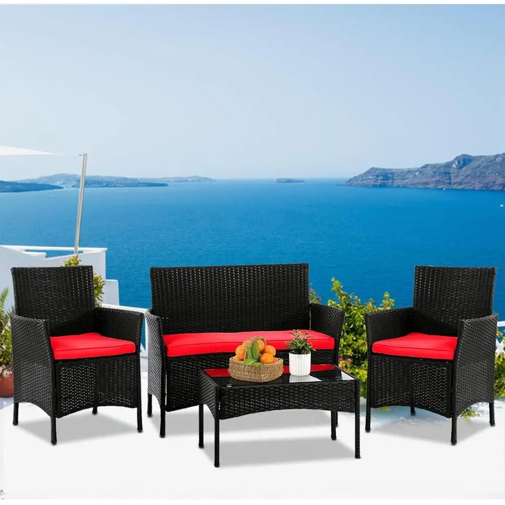 

4-Piece Outdoor Wicker Patio Furniture Set with Cushions, Blue