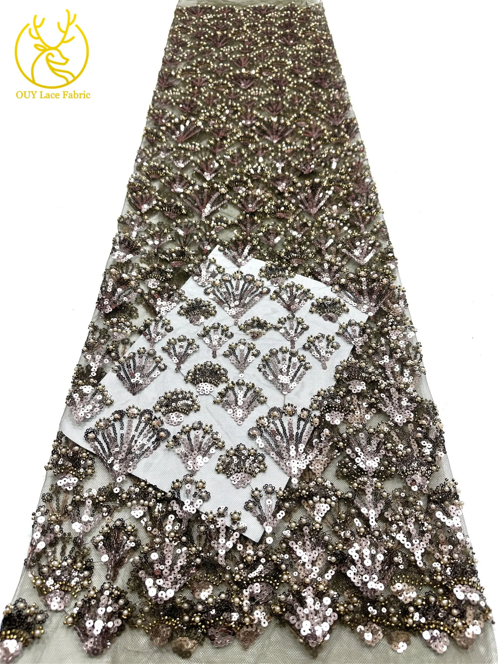 Luxuriöser französischer Perlen-Pailletten-Spitzenstoff 5 Yards Premium Hochzeitsstoff Nigerianischer Bräutigam Bestickter Tüll-Spitzenstoff für Brautkleider – Detail 26