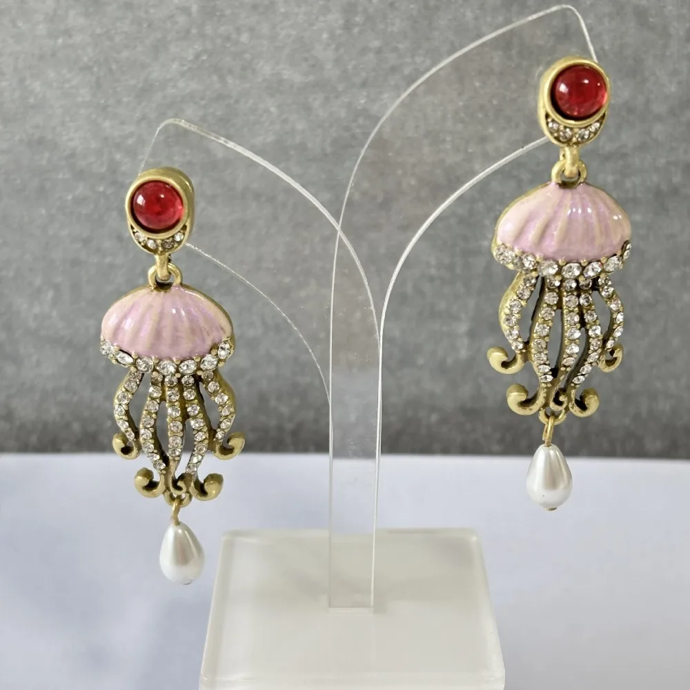 

Medieval Vintage Fashion Ruby rhinestone Paved Enamel Pink Jellyfish Waterdrop Pearl Tassel Drop Earrings Retro Temperament