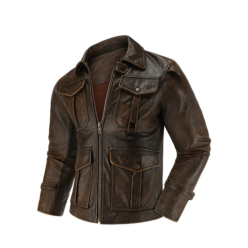 New Top-Layer Cowhide Leather Jacket Men's Four Seasons Motorcycle Slim-Fit Lapel Multi-Pocket