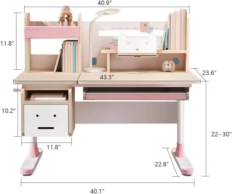 Wood Adjustable Height Kids Study Desk with Chair, Reading Homework Drawing Table Computer Station Built-in Bookshelf Hutch