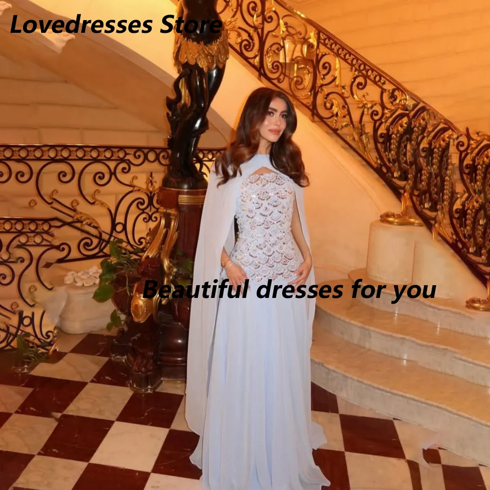Customized Sky Blue Chiffon Mother Of The Bride Gown Halter Neck Crystal Sequin Corset Detachable Long Cape A Line Maxi Dress