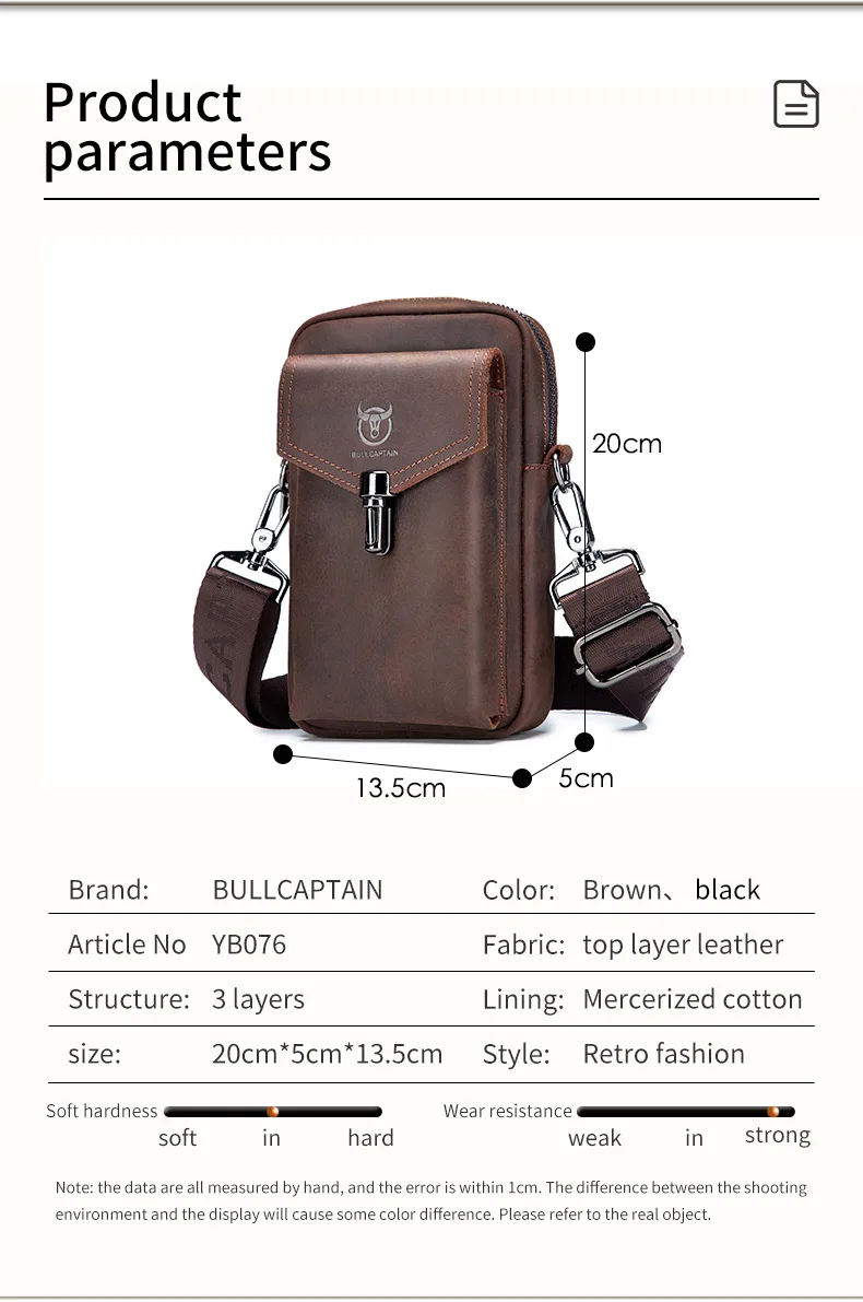 BULLCAPTAIN Crazy Horse Leder Herren Gürteltasche Handy-Hüfttasche Oberste Schicht Rindsleder Einzel-Schulter Crossbody Handytasche – Detail 10