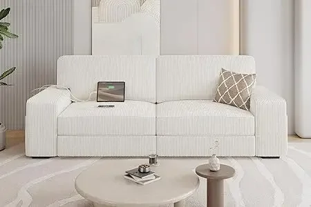 83 Inch Modern Sofa Couch, Corduroy Fabric Detachable Cover, Usb Charging Ports Side, Storage Pockets Living Room