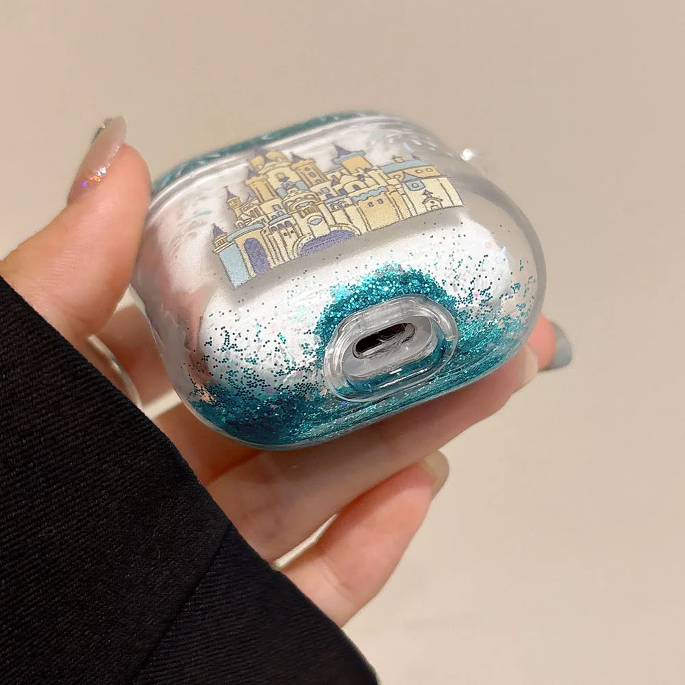Dreamy Castle Quicksand Glitter Case For AirPods 4 ANC for Apple AirPods 1 2 3 Pro Pro2 Earphone Protective Cover with Keyring