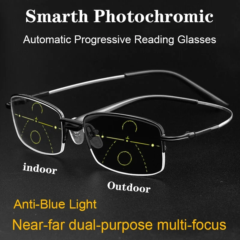 New Titanium alloy Photochromic Multi-focus Reading Glasses far and near dual-use progressive Anti-blue light Spectacles 1.0-4.0