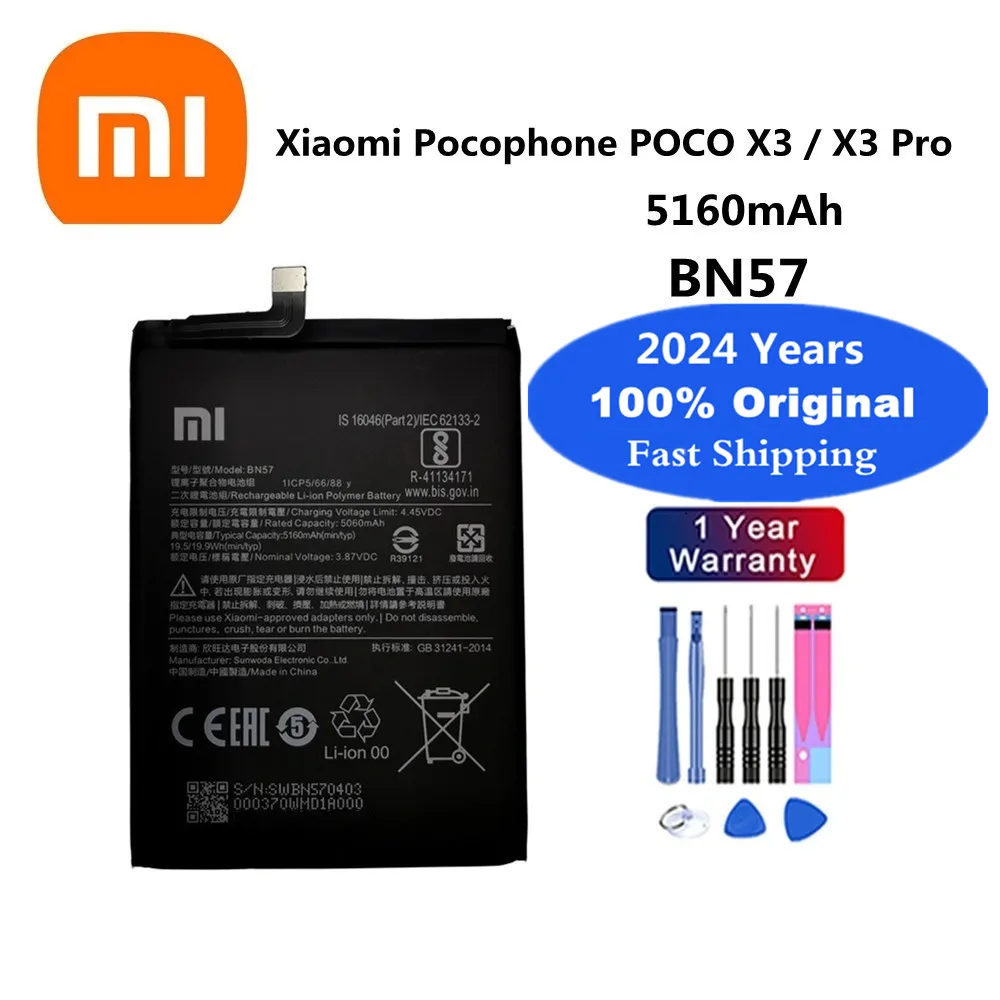 

2024 Years Original Poco X3 Battery BN57 For Xiaomi Pocophone Poco X3 / X3 Pro X3Pro NFC Phone Battery 5160mAh + Free Tools