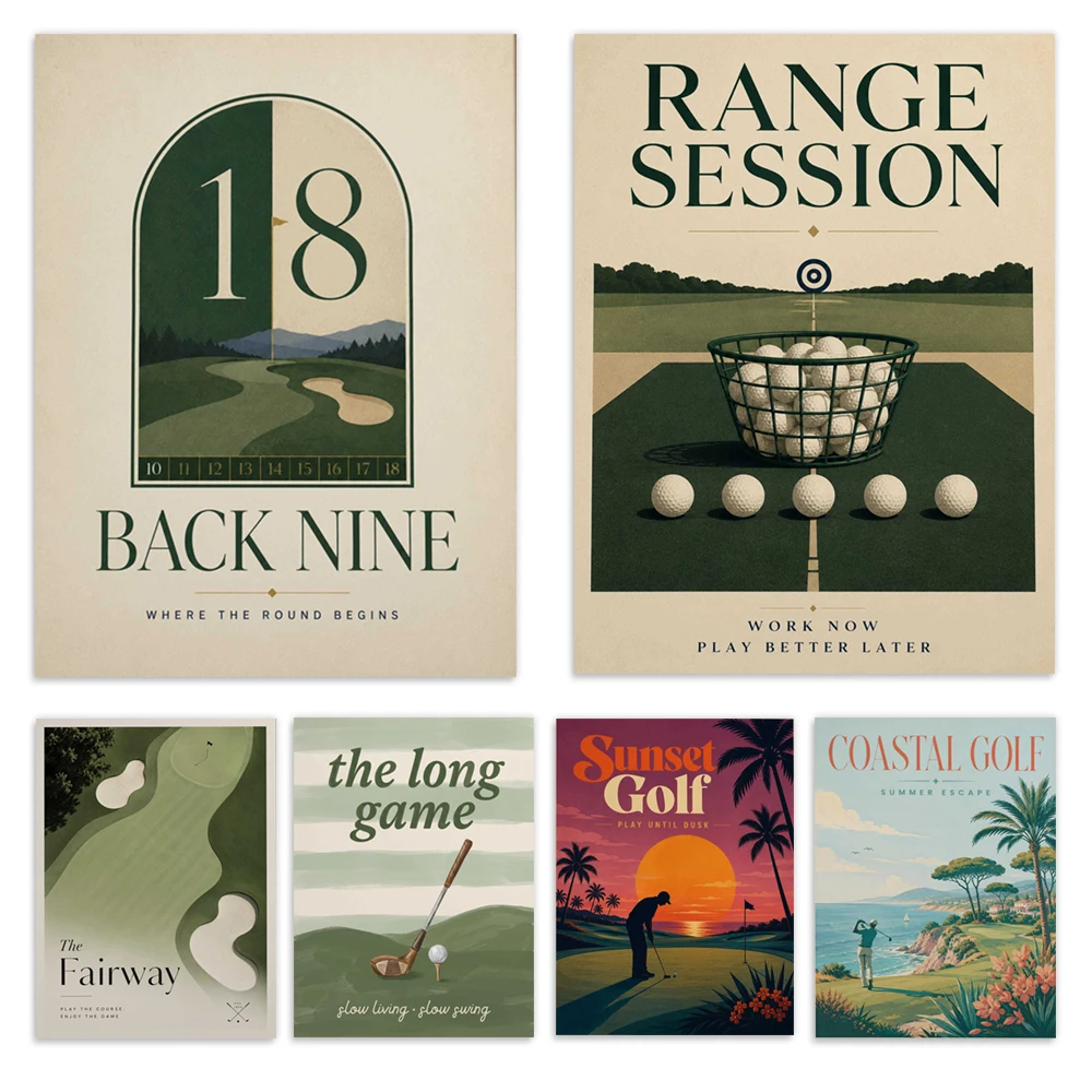 Vintage golf prints, driving range, long swing, golf course, club artwork, St Andrews golf course decorative canvas posters