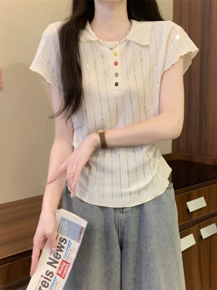 2025 Summer New Polo Neck Short Sleeve Knitted T-shirt Women's Wrinkle Design Slimming and Waist Cinching Unique Top