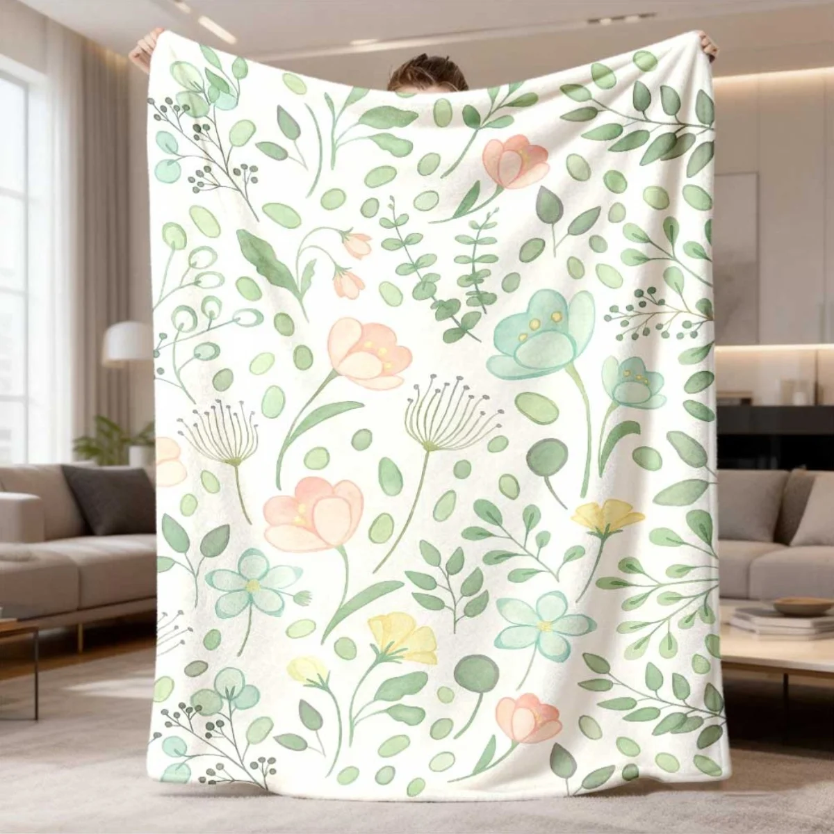 Cozy Floral Pattern Throw Blanket Botanical Watercolor Print Plush Spring Decorative Throws for Sofa Couch Bed Boho Style Fleece