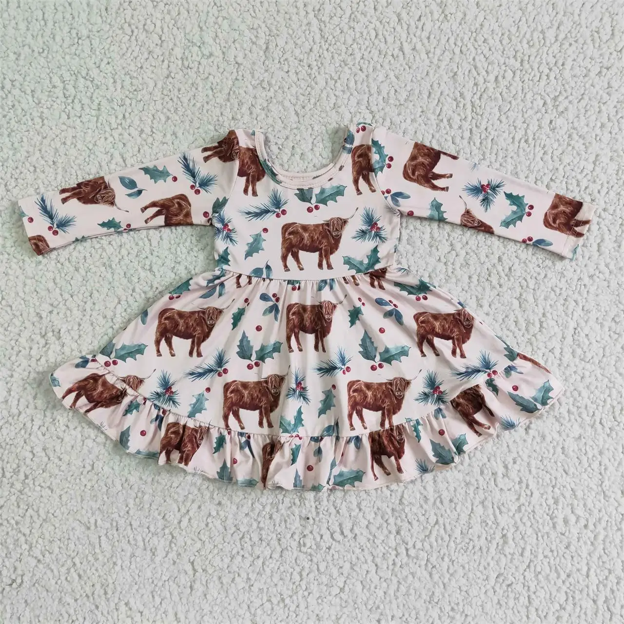Wholesale Infant Toddler Long Sleeves Kids Children Knee Length Western One Piece Clothes Baby Girl Christmas Cow Twirl Dress