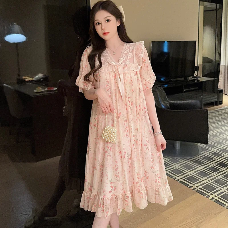

Floral Nightgown Summer Women's Palace Style Lace Thin Mesh Short-sleeved Home Clothes Pajamas Woman Offer New Sleepwear Sexi