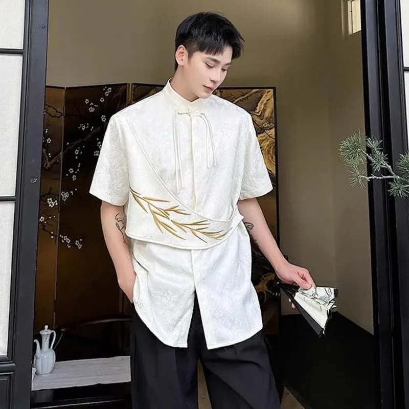 LUZHEN 2026 Summer Chinese Style Fake Two Piece Design Patchwork Stand Neck Short Sleeve Shirts Men's Elegant Casual Tops JY7652