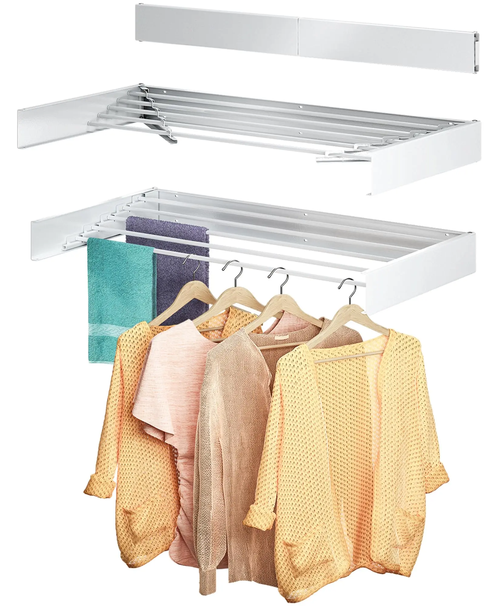 

Wall Mounted Laundry Drying Rack, Collapsible, Collapsible, Linear, FT 5 Aluminum Rods, 60 lb Capacity, Wall Template, 100cm