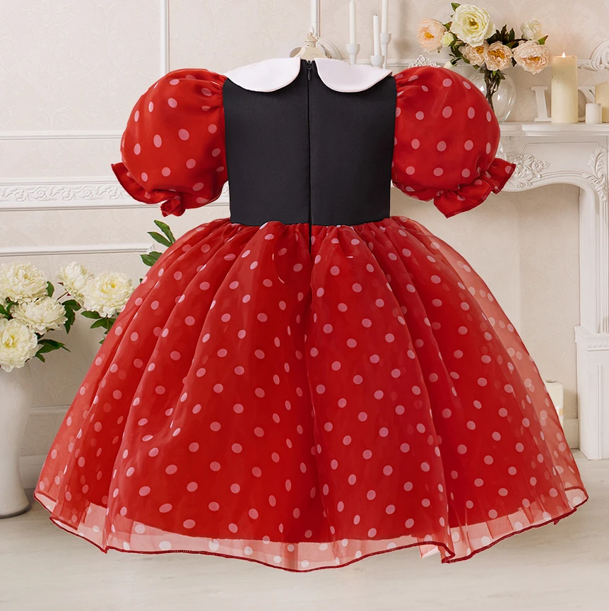 Girls Dot Princess Dresses Party Dress For Girl Kids Red Birthday Baptism Tutu Gown Children Baby Collar Clothes  Fashion Wear