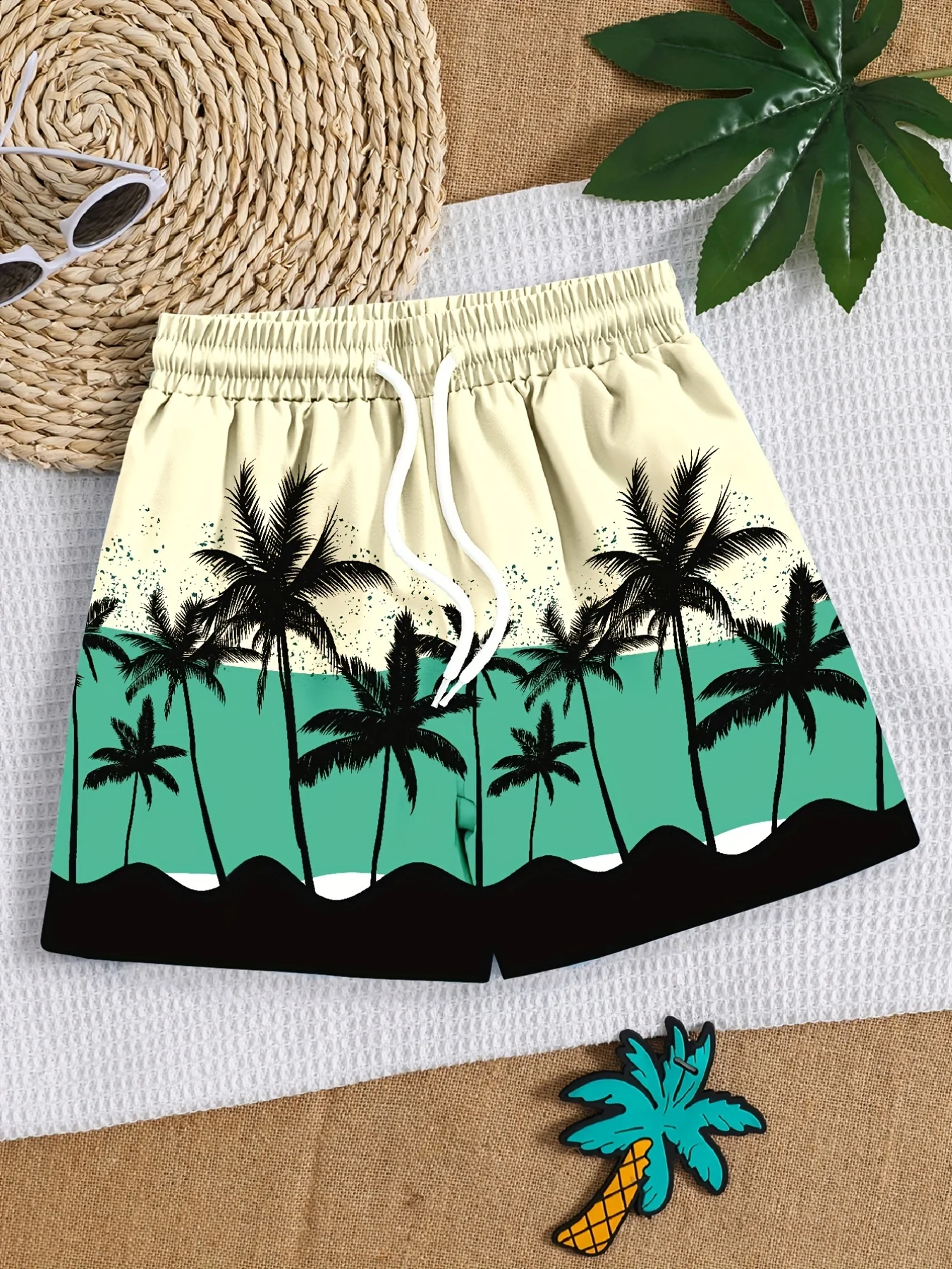 Boys Swim Trunks Coconut Trees 3D Print Elastic Waist Drawstring Beach Pants Swim Shorts For Boy Comfortable Kids Clothes Summer