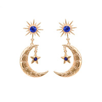 Vintage Style Jewelry Wholesale Gold Color Blue Crystal Dangle Celestial Crescent Sun Moon and Star Drop Earrings for Women