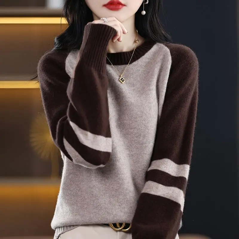 

Round Neck Pullover Color-blocking Striped Bottoming Shirt Women's Loose Tops Fashionable Spring Autumn New