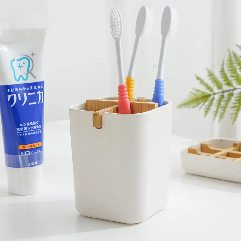 

Toothbrush and Toothpaste Holder With Bamboo Divider for Bathroom Countertop Organizer,Plastic Detachable Toothbrush Storage Box