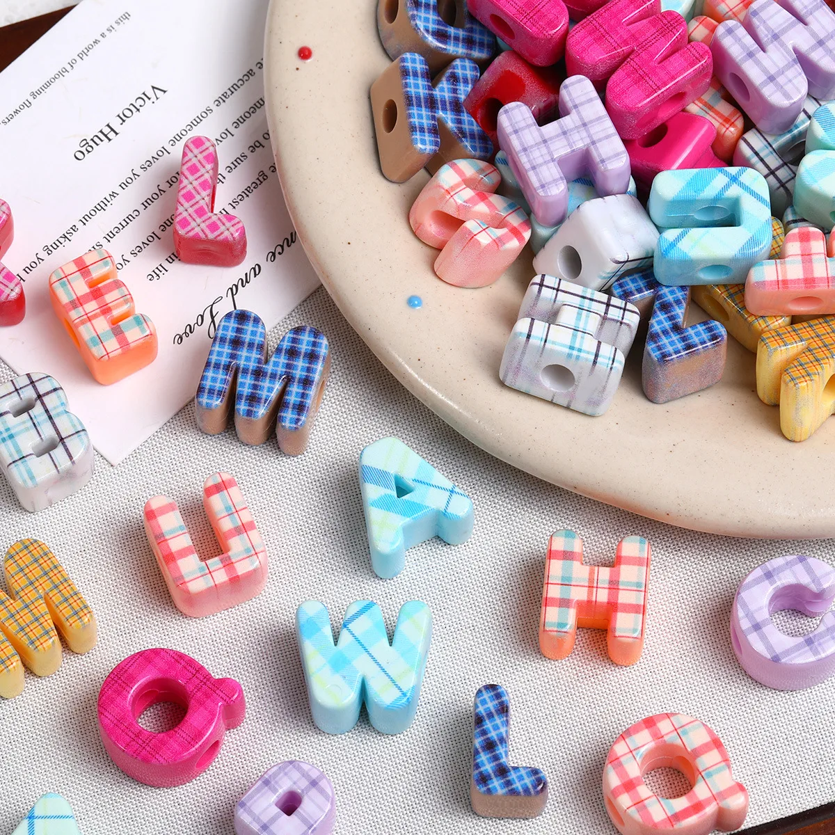 Handmade DIY Jewelry Making:Acrylic Alphabet Beads Plaid Printed Letters Mix Color for Pendants Bracelets Loose Bead Accessories