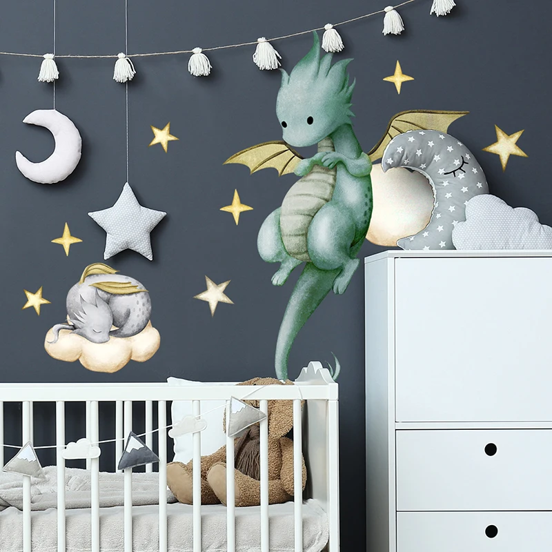 Baby Dragon Wall Decals Wall Stickers Stars Clouds Nursery Playroom Decor,Kids Room Home Decorations Boys Boys Girls Bedroom