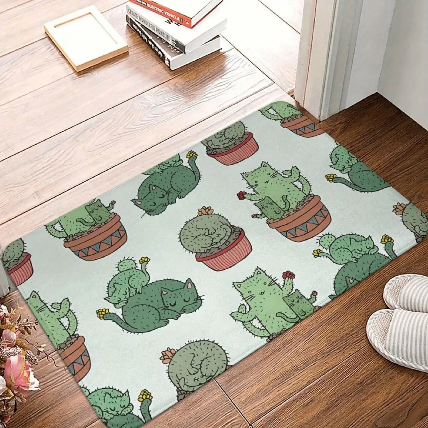 1pc Cactus Cat Polyester Bathroom Mat, Machine Washable, Lightweight Rectangular Doormat, Home Bathroom Decorative Rug