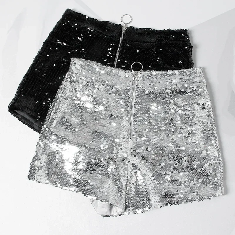 Bling Sexy Women Sequin Shorts High Waist O-Ring Zip Bodycon Shorts Feminino Skinny Party Club Festival Raves Pole Dance Shorts