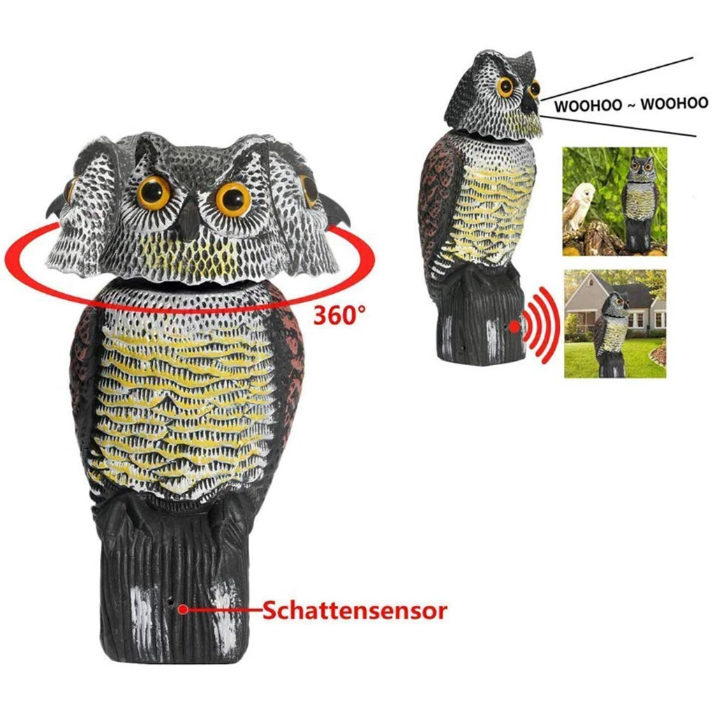 Owl Scare Bird Control Devices Lifelike Owl Decoy With Rotating Head And Sound For Bird Scaring Control Scarecrow For Garden