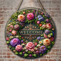 1 welcome sign made of new flowers,a round wooden hanging tag for home decoration,decorated with a blooming wreath in the center