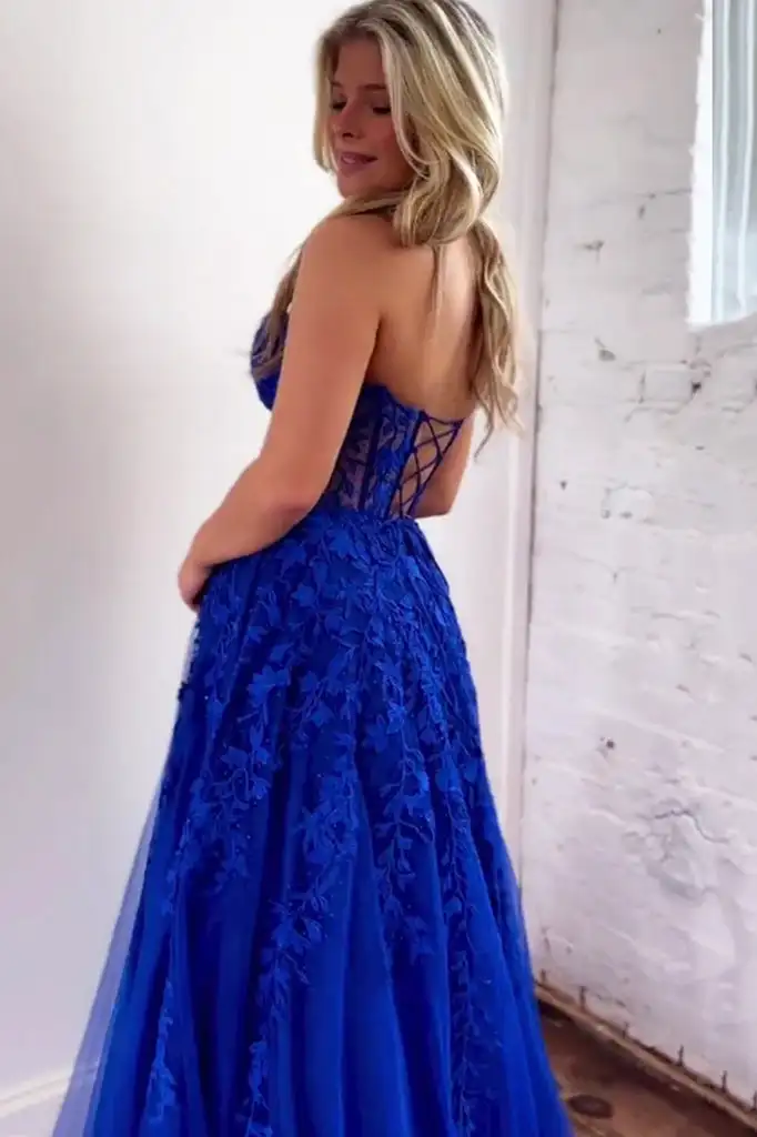 Royal Blue Evening Dresses Tulle Lace Applique Strapless Sweetheart Illusion A Line Formal Party Evening Gowns Custom made