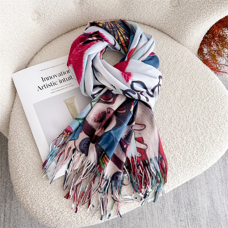 النفط اللوحة تصميم الكشمير وشاح للنساء شتاء دافئ شالات ناعمة التفاف الأوشحة سيدة الباردة برهان المعطف Echarpe الباشمينا الشالات