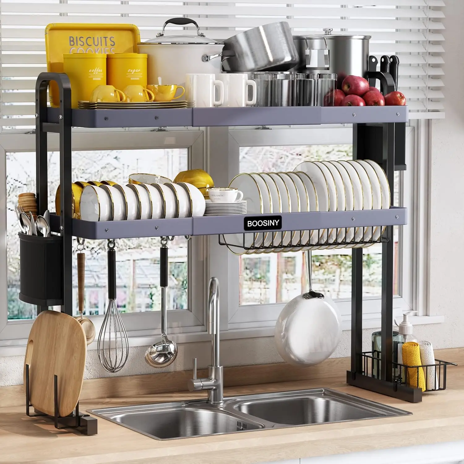 

BOOSINY Over The Sink Dish Drying Rack, 2 Tier Stainless Steel Large Adjustable Kitchen Dish Drainer, Home Storage Organizer