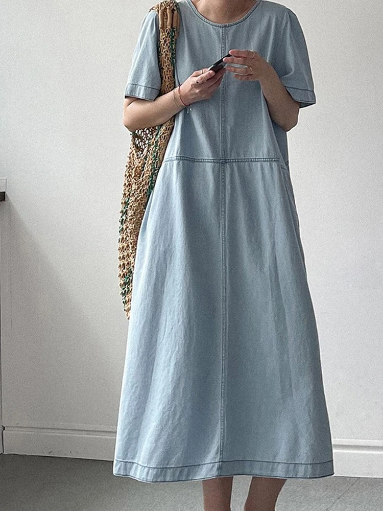 Vestido de Jeans com Decote Redondo e Manga Curta, Estilo Coreano, Vestido de Verão Faionável para Mulheres, Saia Longa em ...