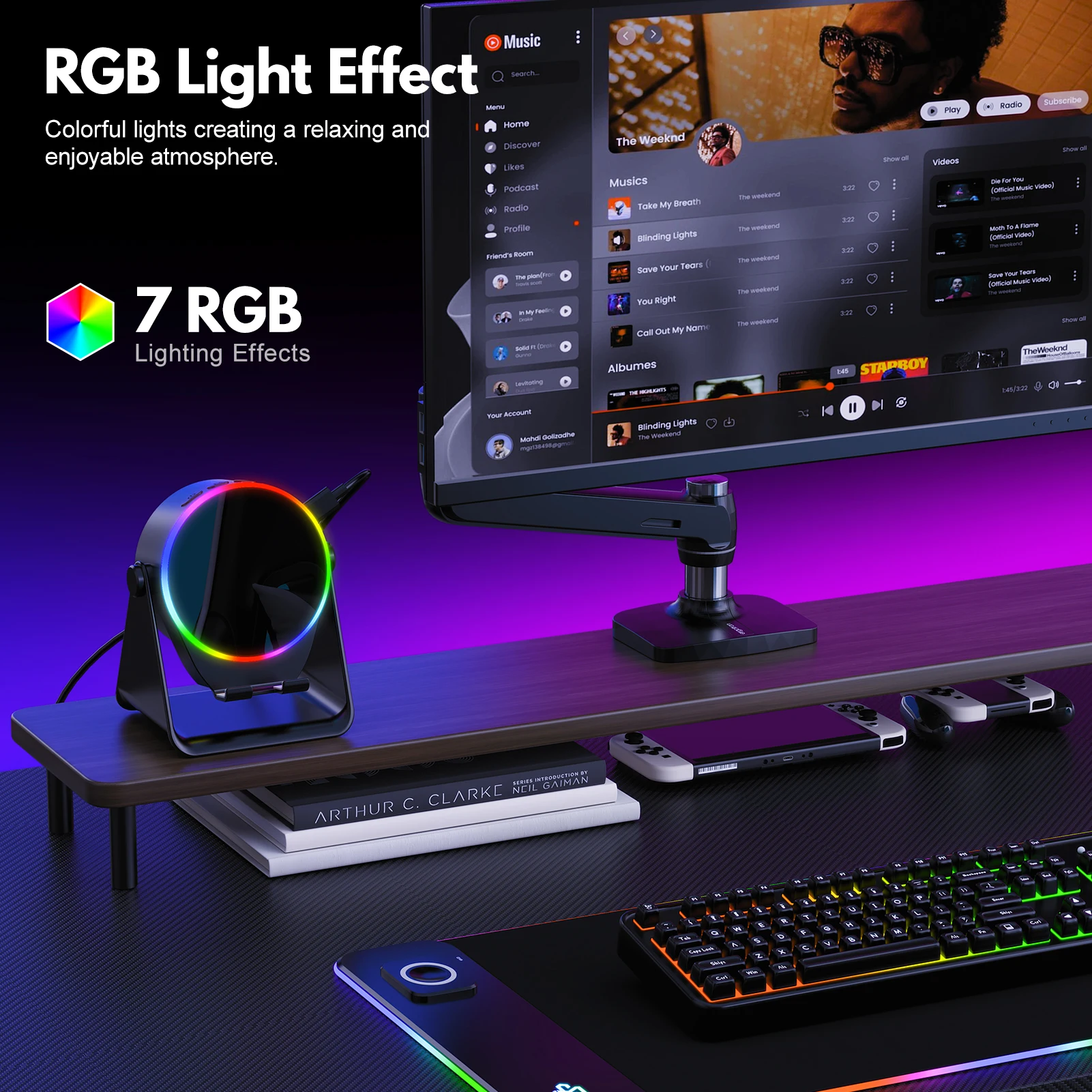 مكبر صوت لاسلكي - حامل هاتف مكبر صوت بلوتوث 5 في 1 مع ضوء محيط ملون 360 °   دوران متوافق مع آيفون