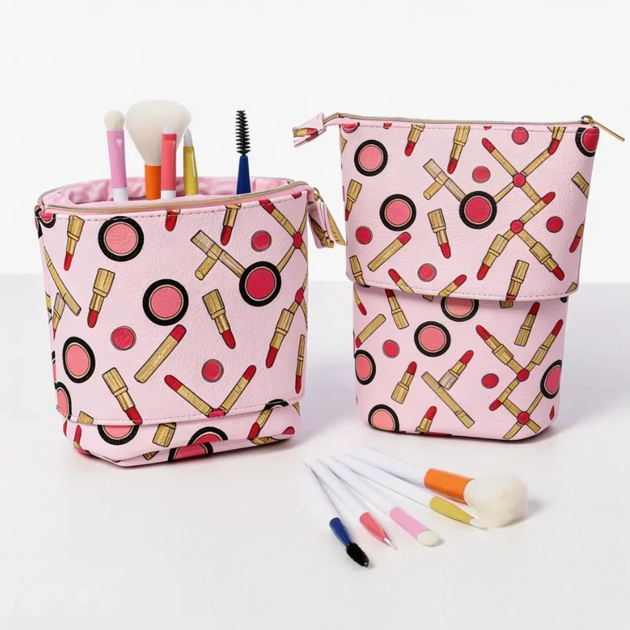 Pink Brush Print Adjustable Stand Makeup Brush Holder Travel Cosmetic Storage Bag 5-Piece Makeup Brush Set Portable Cosmetic Organizer for Desk Travel