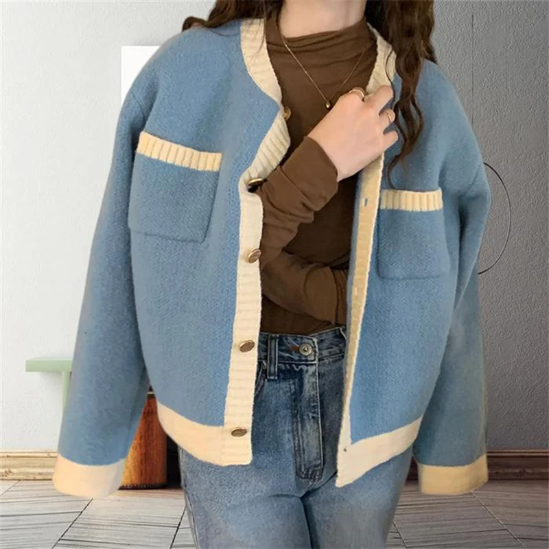 Rimocy Fashion Patchwork Knitted Cardigan Women Autumn Winter Single Breasted Sweater Woman Korean Long Sleeve Cardigan Jacket